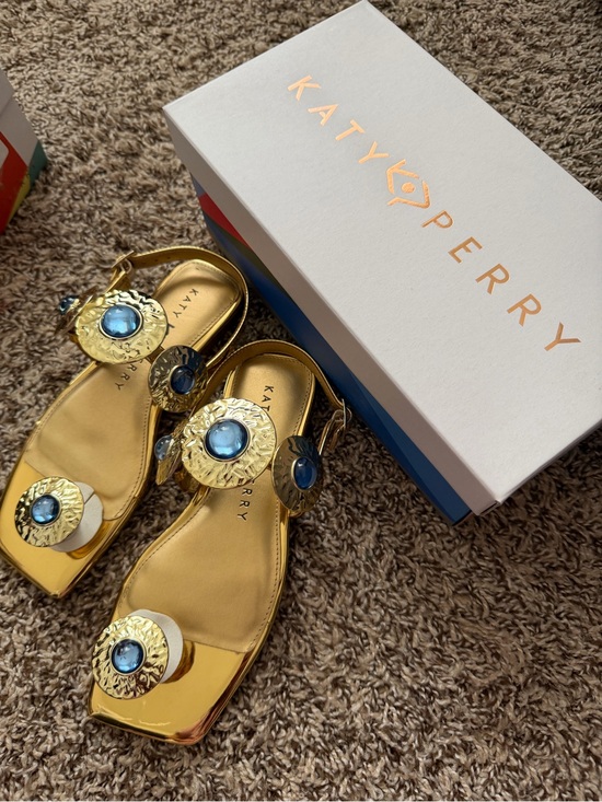 Katy Perry Collections Shoes - Katy Perry Collections Gold Metallic Sandals with Blue Jewel Accents